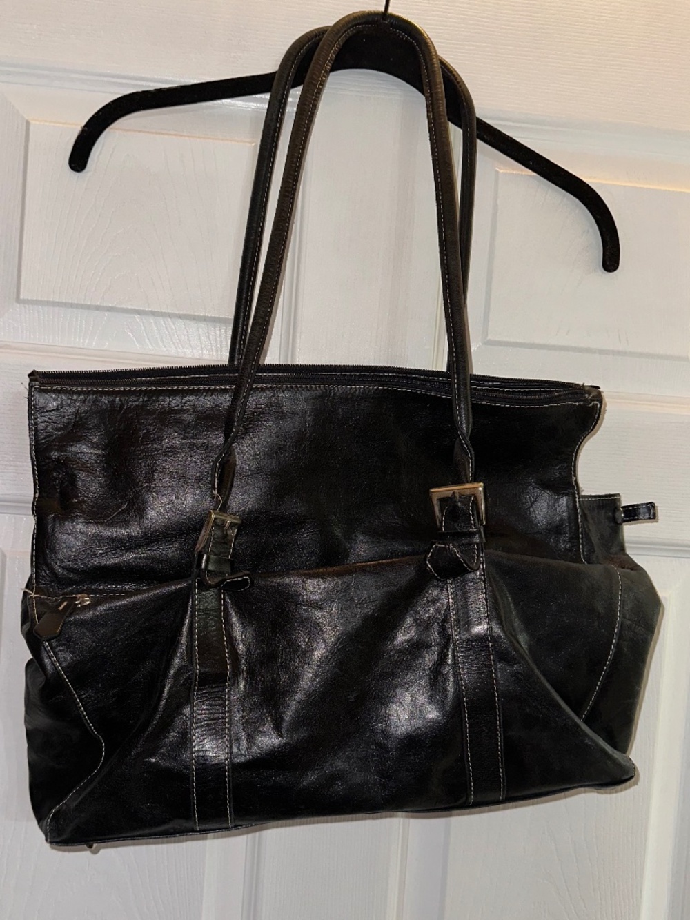 Vintage DEL CONTE Italian Leather Black Tote Bag Made in Italy Red Interior